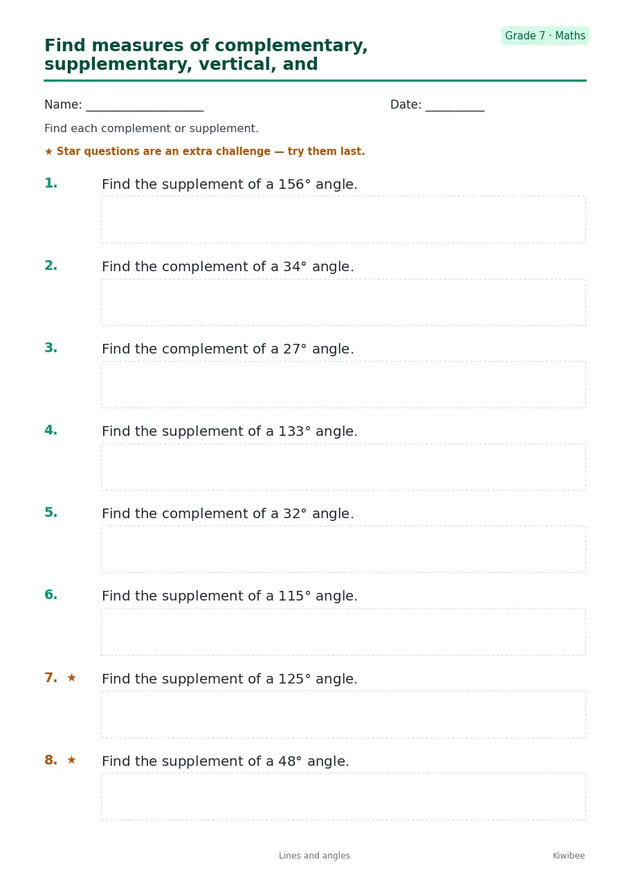 Find measures of complementary, supplementary, vertical, and adjacent angles