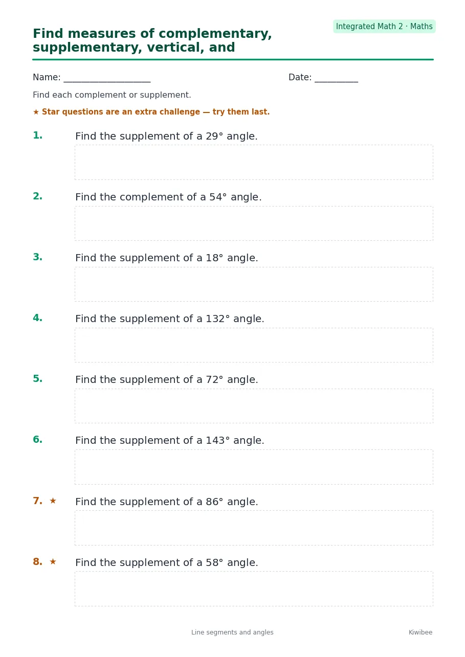 Find measures of complementary, supplementary, vertical, and adjacent angles