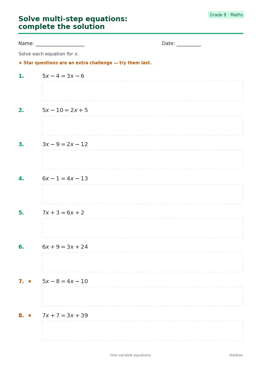Solve multi-step equations: complete the solution
