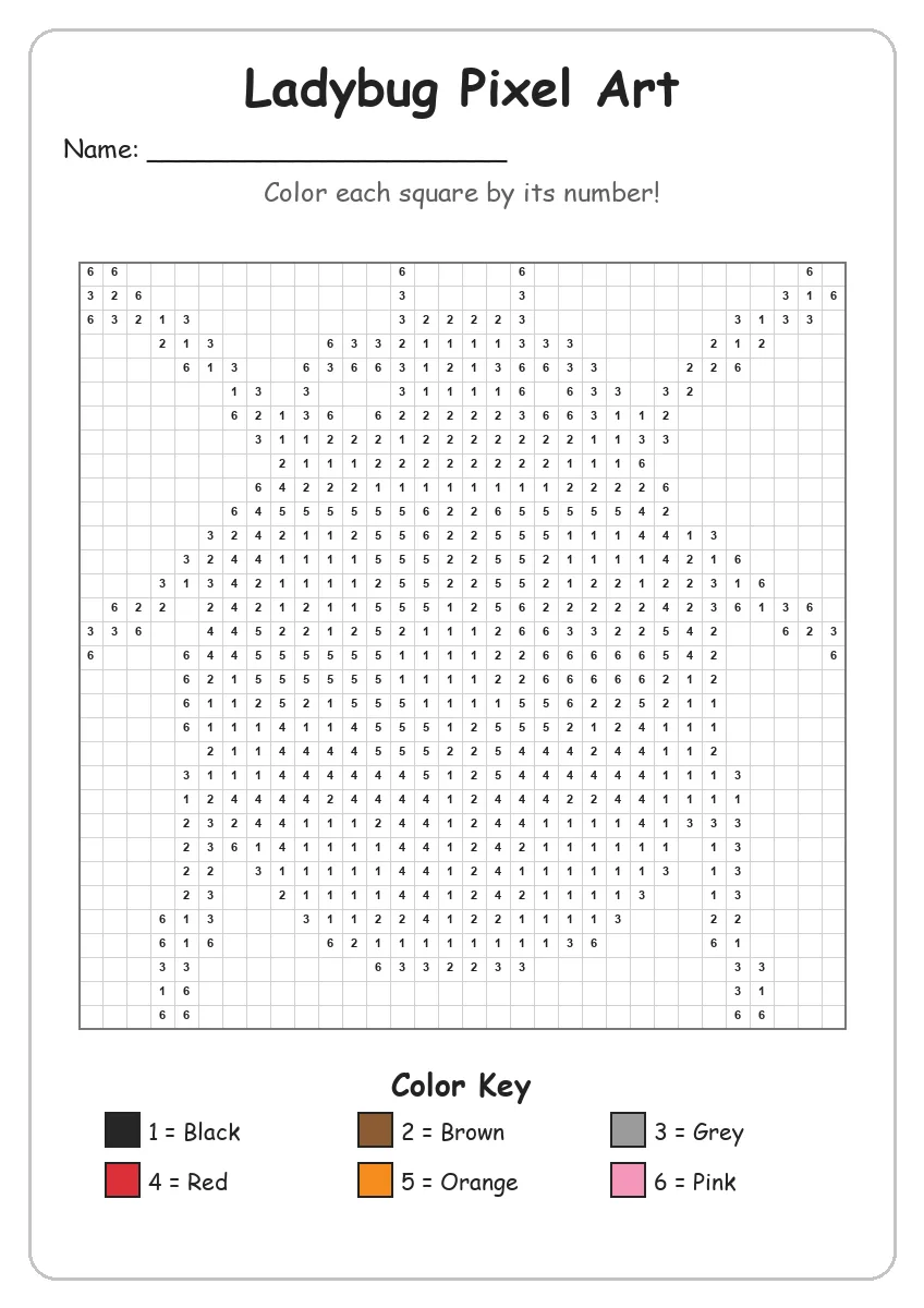 Ladybug Pixel Art — Color by Number (Grade 2)
