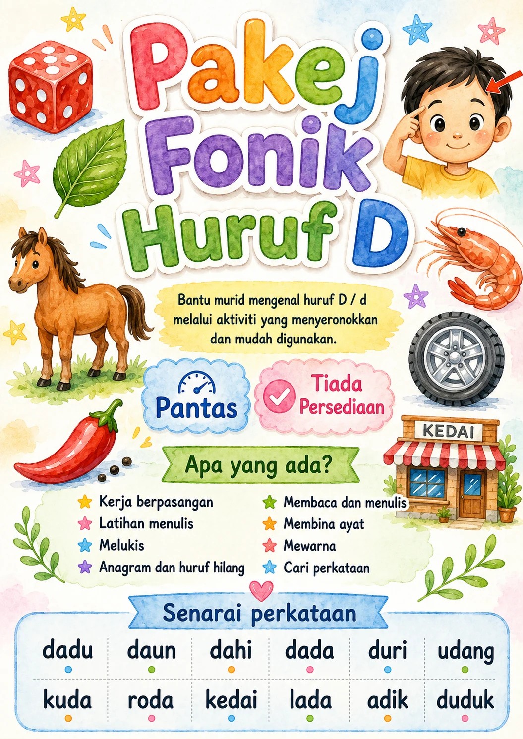 Malay Letter D Phonics Worksheets Pack