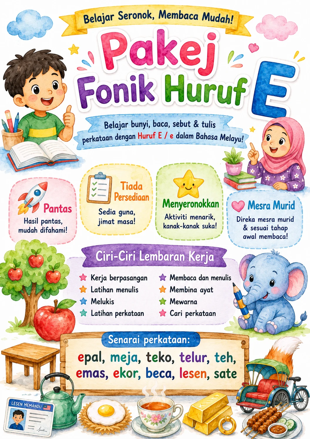 Malay Letter E Phonics Worksheets Pack
