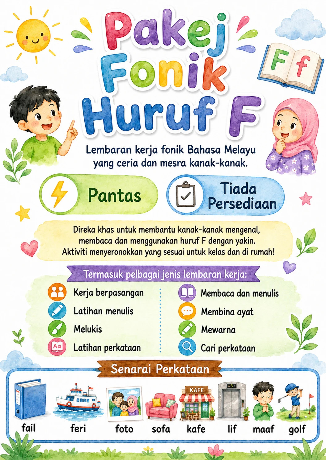 Malay Letter F Phonics Worksheets Pack
