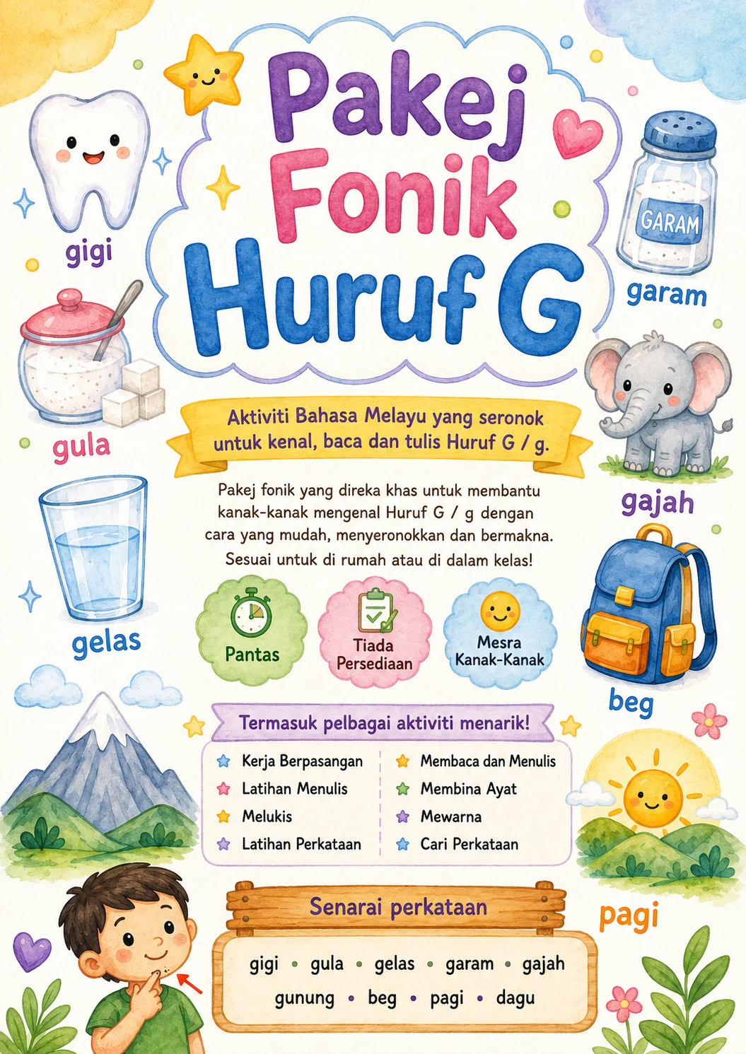 Malay Letter G Phonics Worksheets Pack