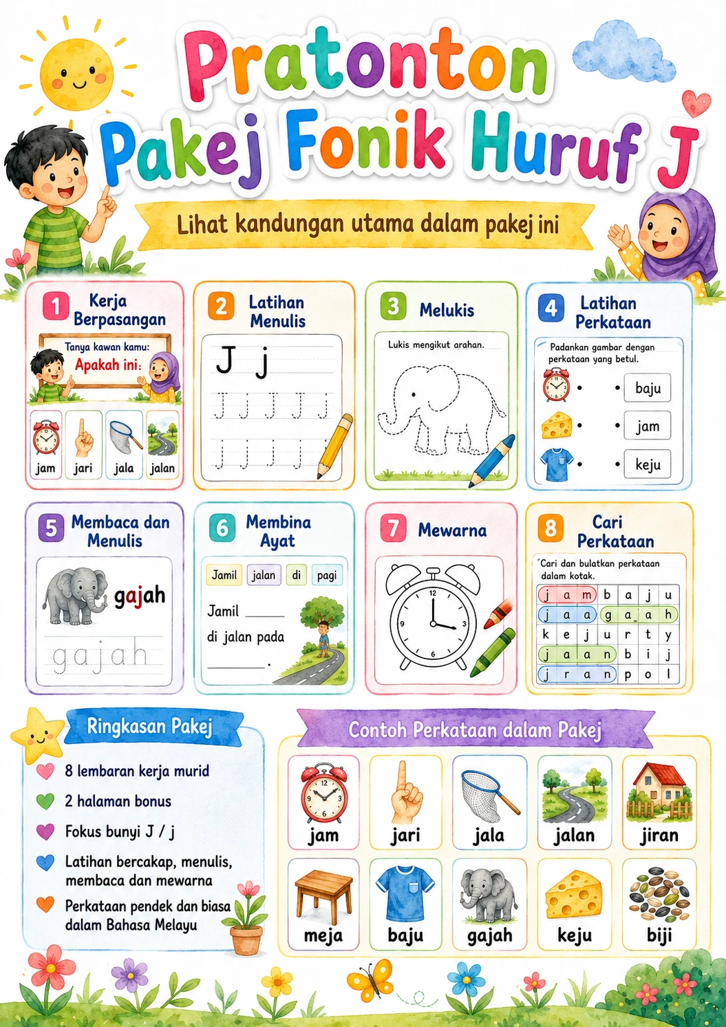 Malay Letter J Phonics Worksheets Pack