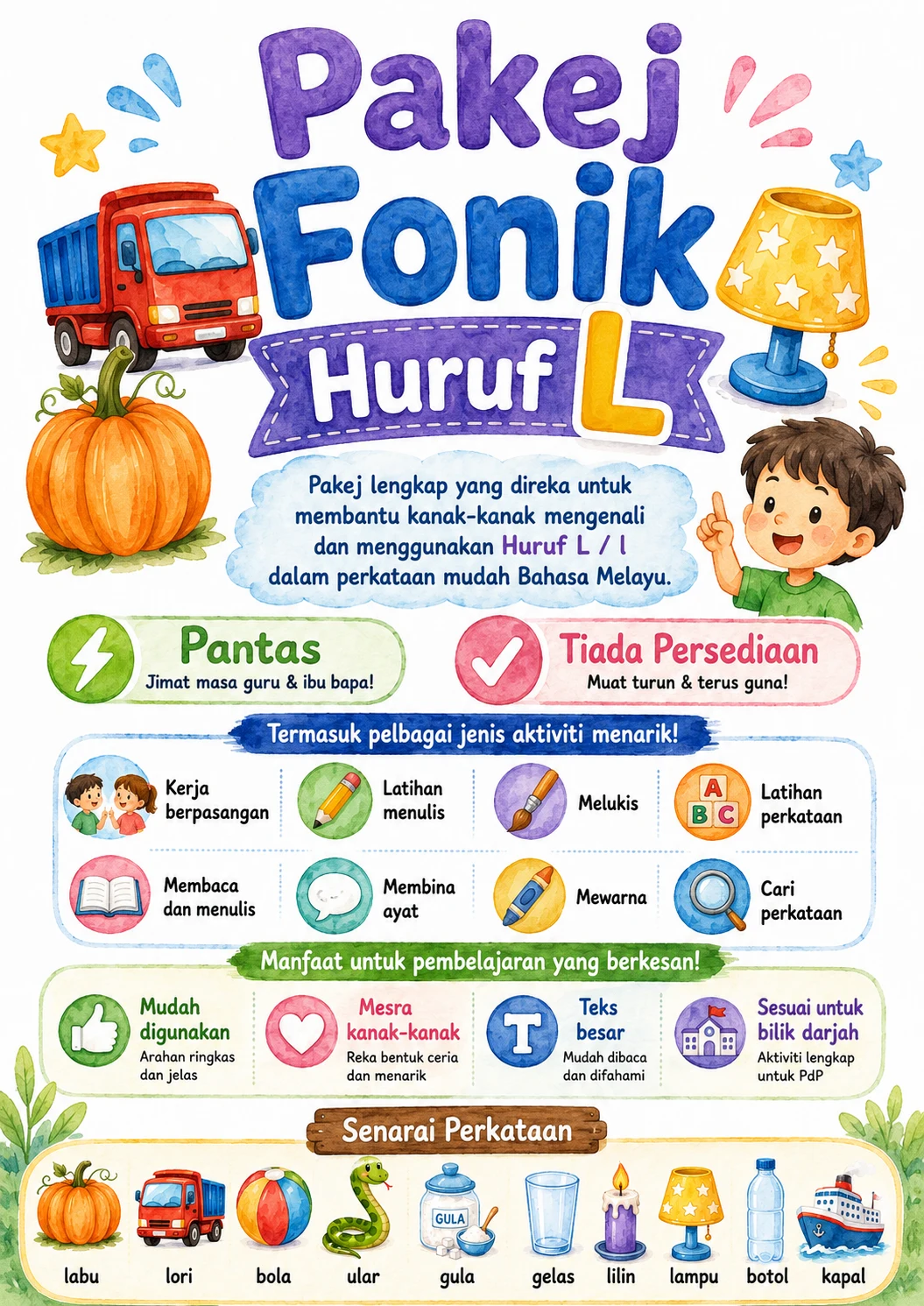 Malay Letter L Phonics Worksheets Pack