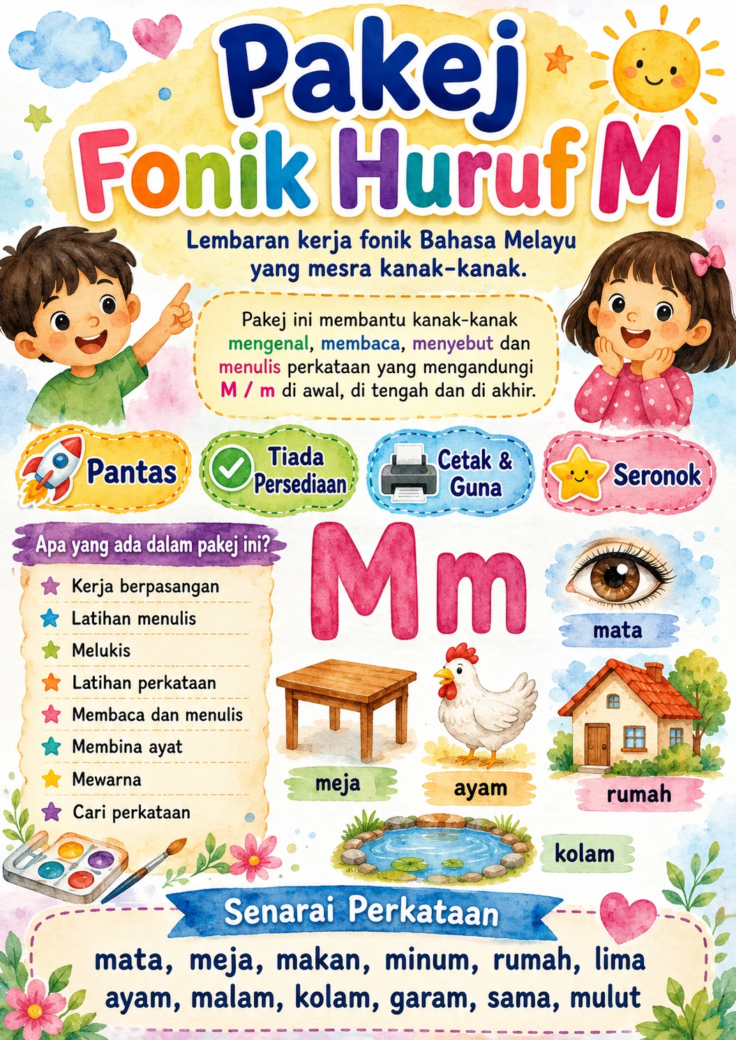 Malay Letter M Phonics Worksheets Pack