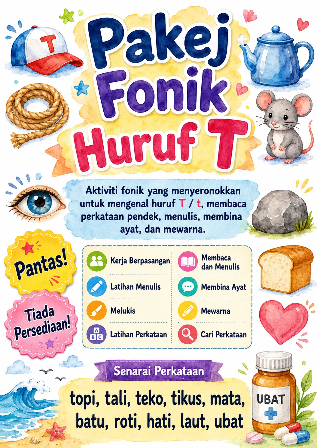 Malay Letter T Phonics Worksheets Pack