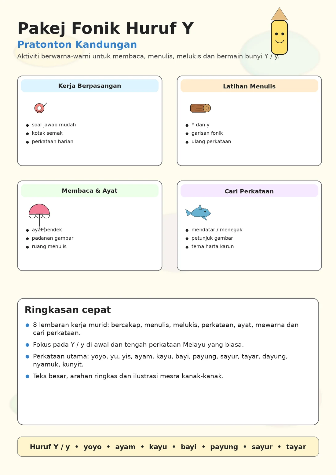 Malay Letter Y Phonics Worksheets Pack
