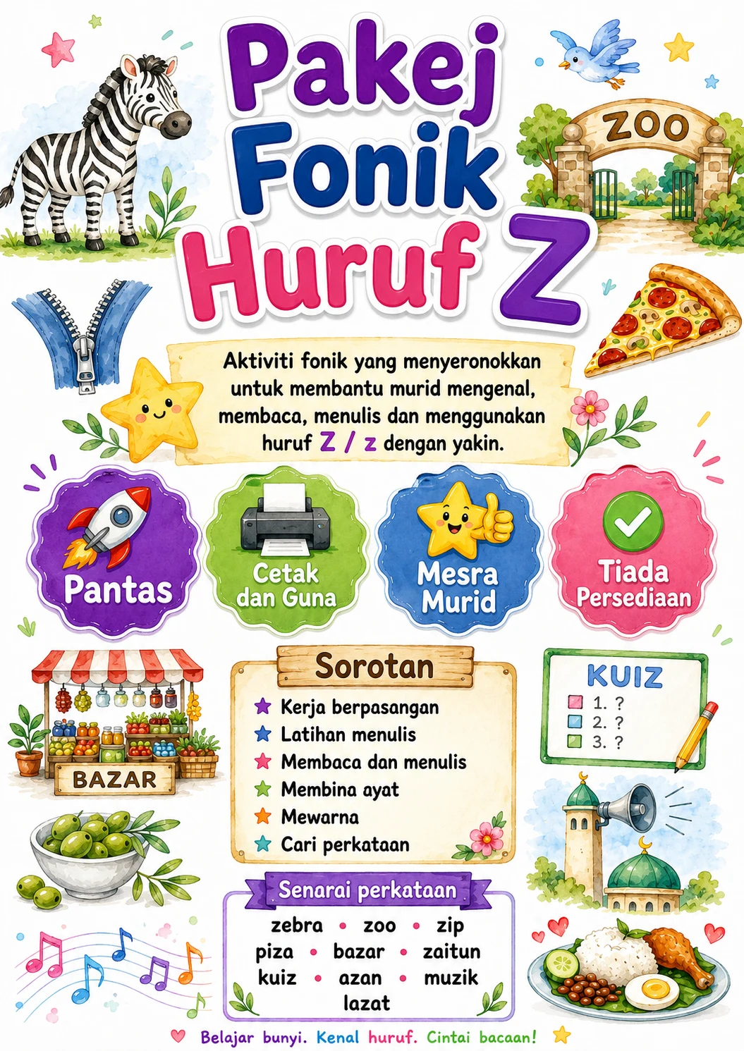 Malay Letter Z Phonics Worksheets Pack