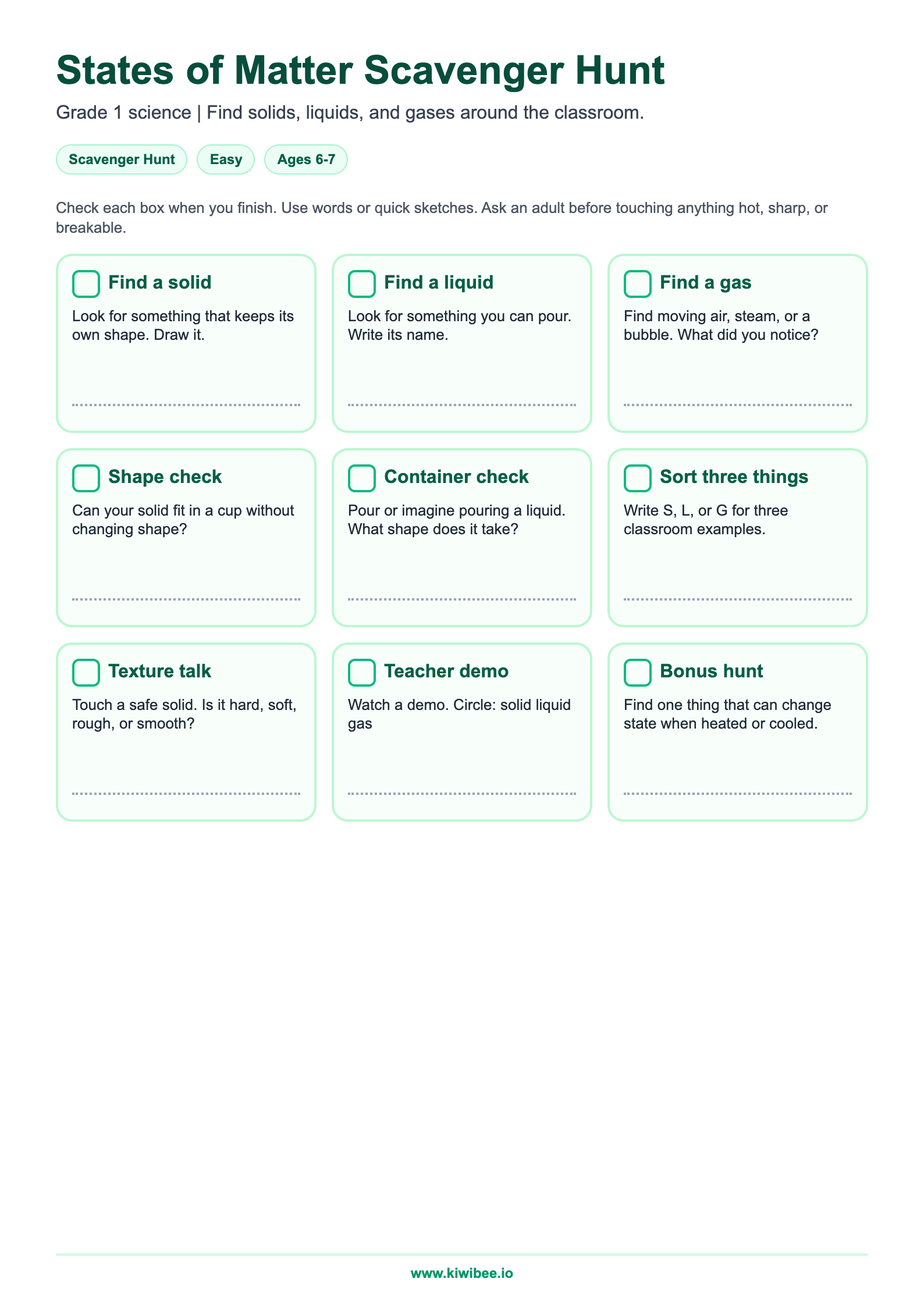 States of Matter Scavenger Hunt — Grade 1 | Free Classroom Game