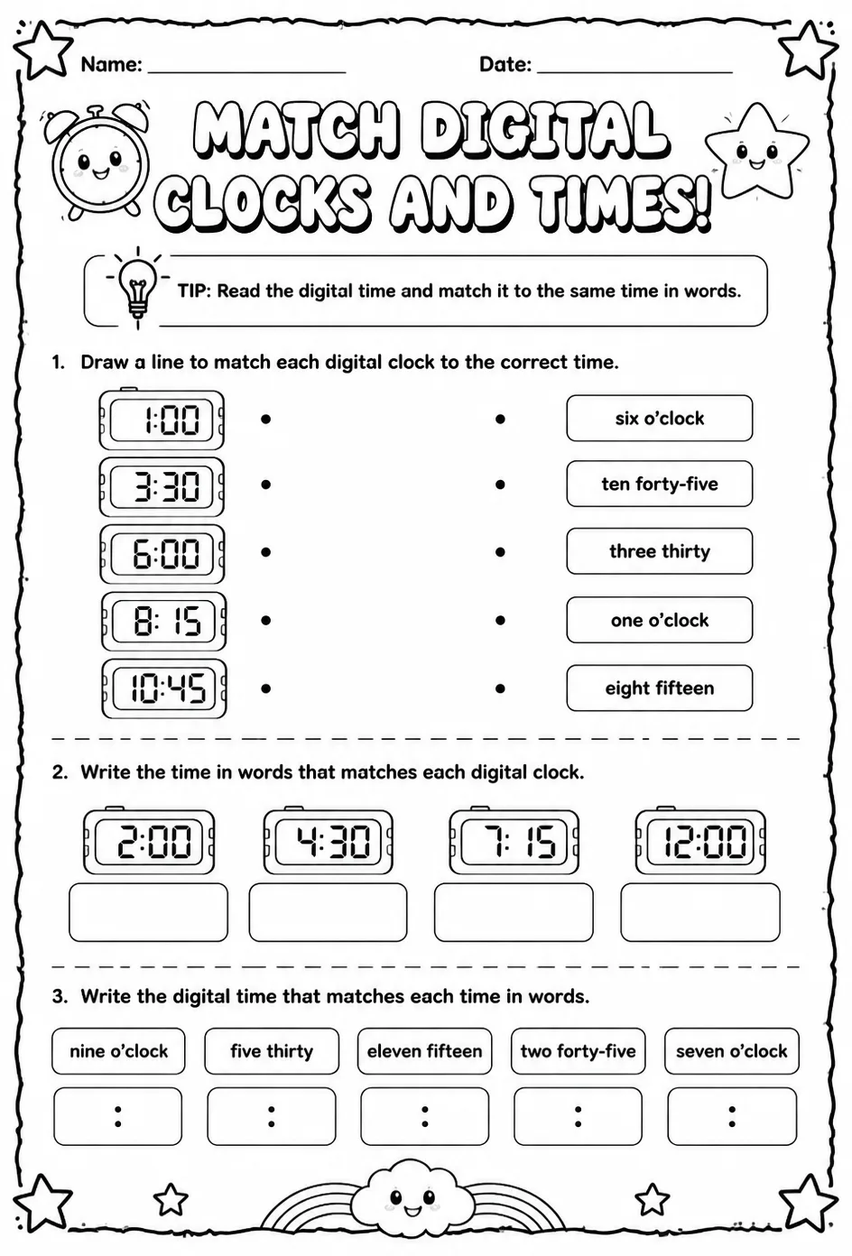 Match digital clocks and times