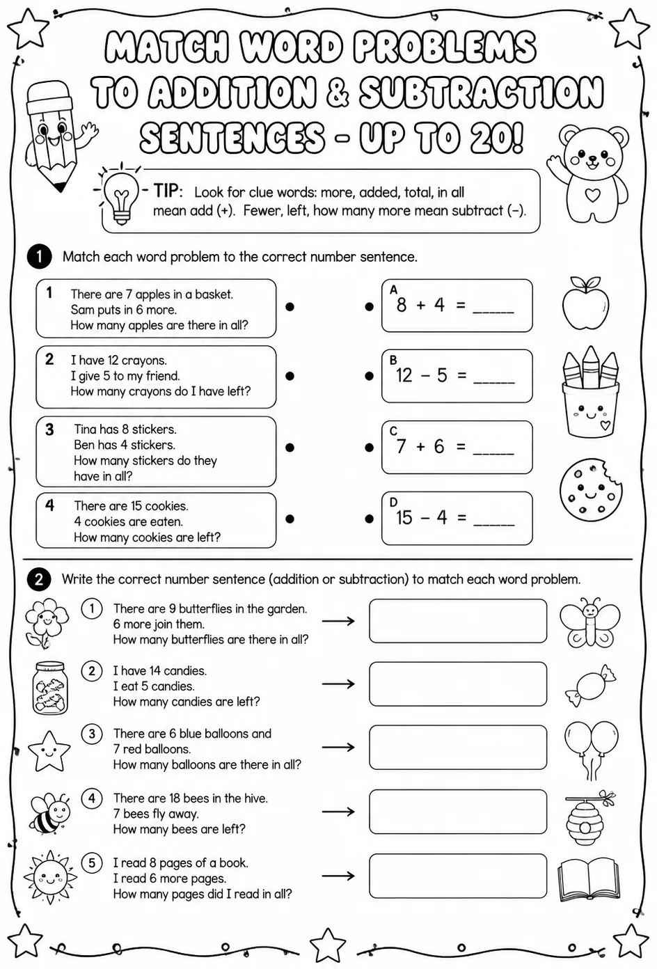 Match word problems to addition and subtraction sentences - up to 20