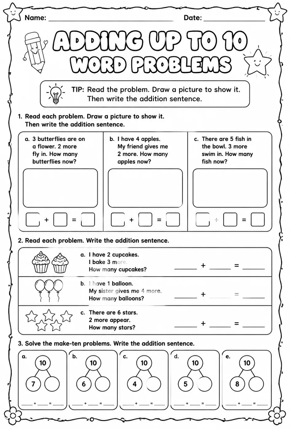 Model and write addition sentences for word problems - sums up to 10