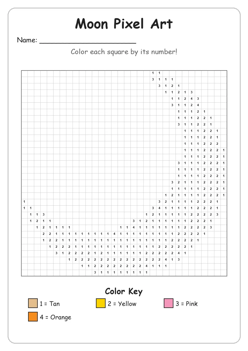 Moon Pixel Art — Color by Number (Grade 2)