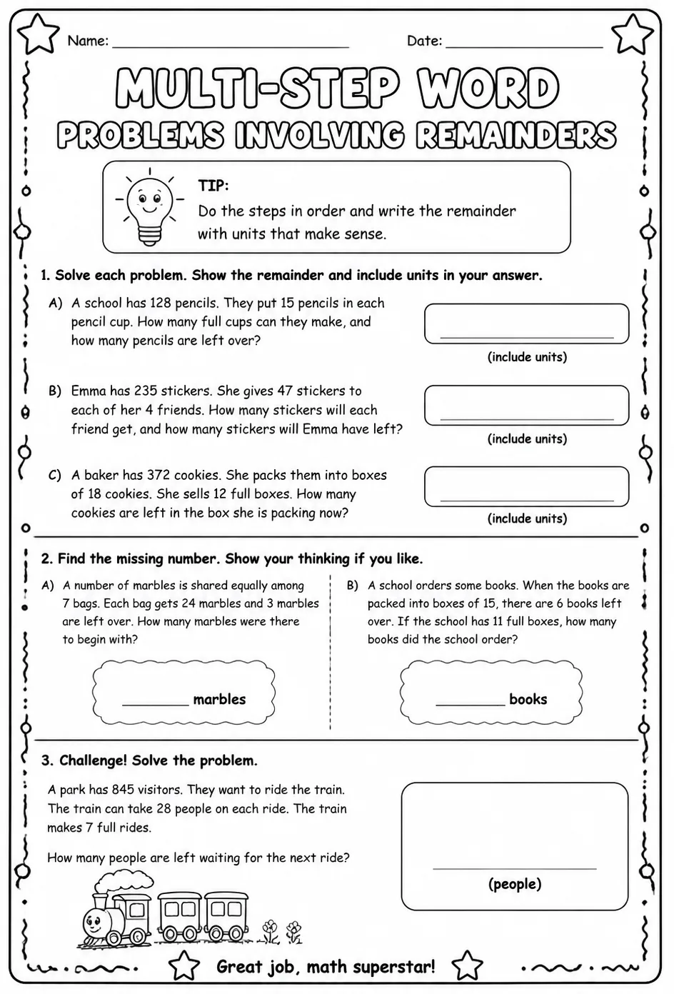 Multi-step word problems involving remainders