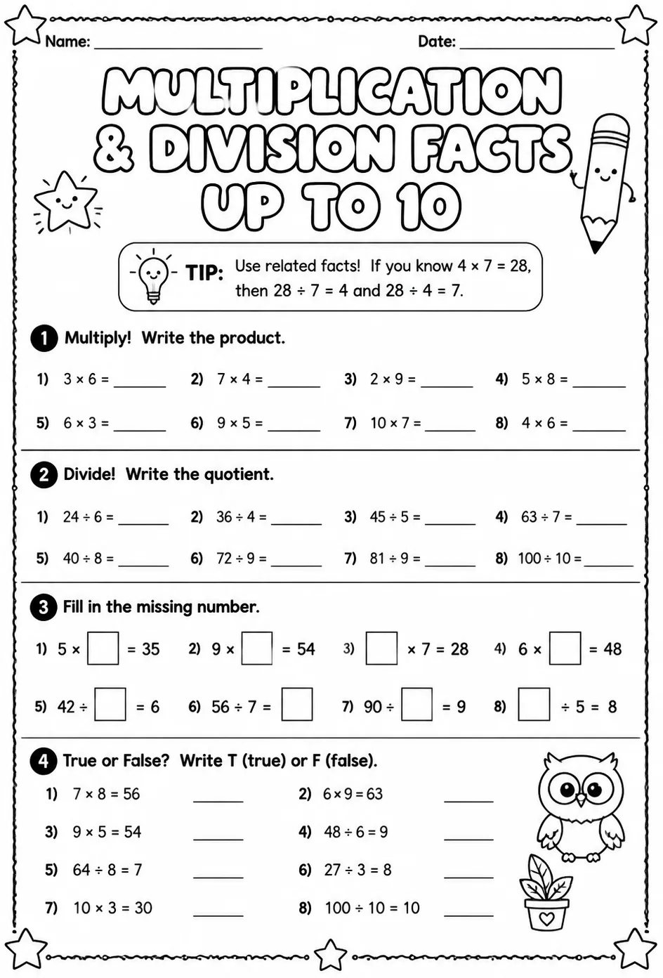 Multiplication and division facts up to 10
