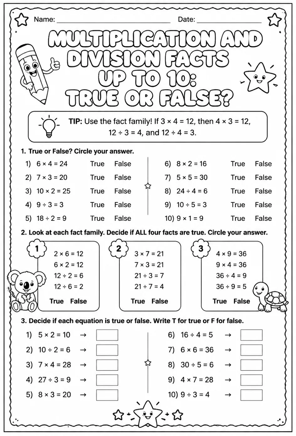 Multiplication and division facts up to 10: true or false?
