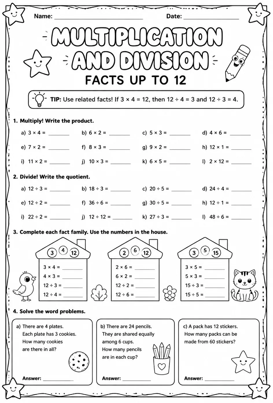 Multiplication and division facts up to 12