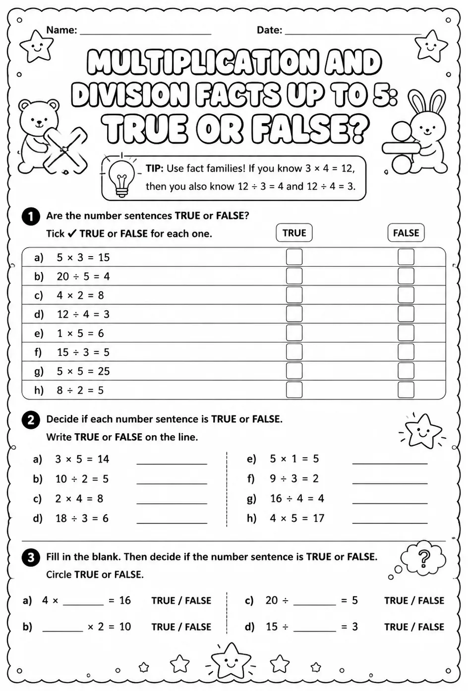 Multiplication and division facts up to 5: true or false?