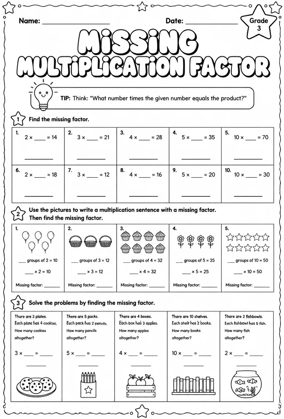 Multiplication facts for 2, 3, 4, 5, and 10: find the missing factor
