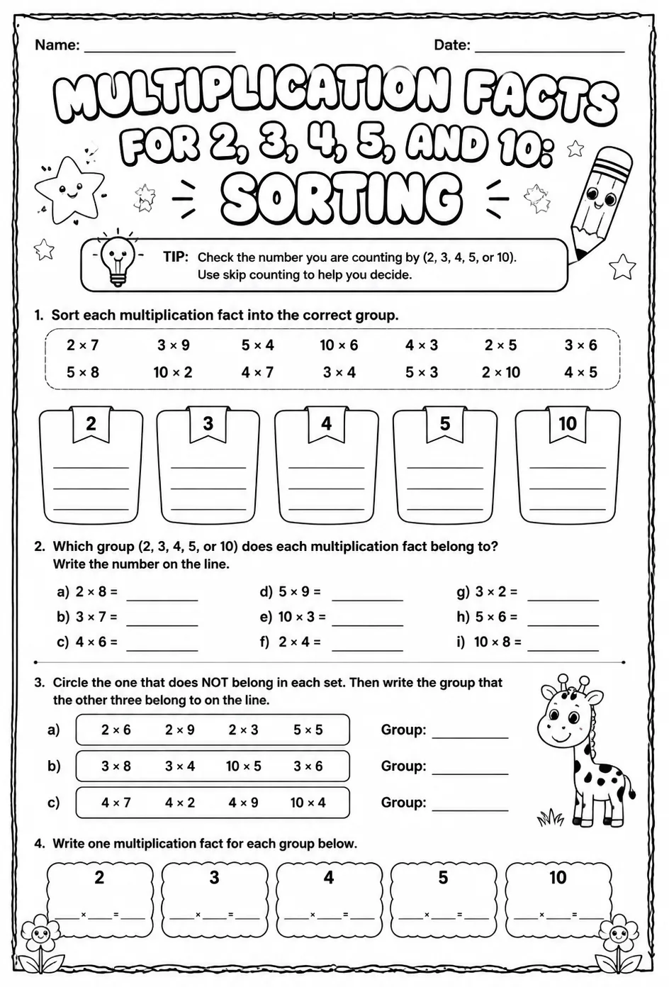 Multiplication facts for 2, 3, 4, 5, and 10: sorting