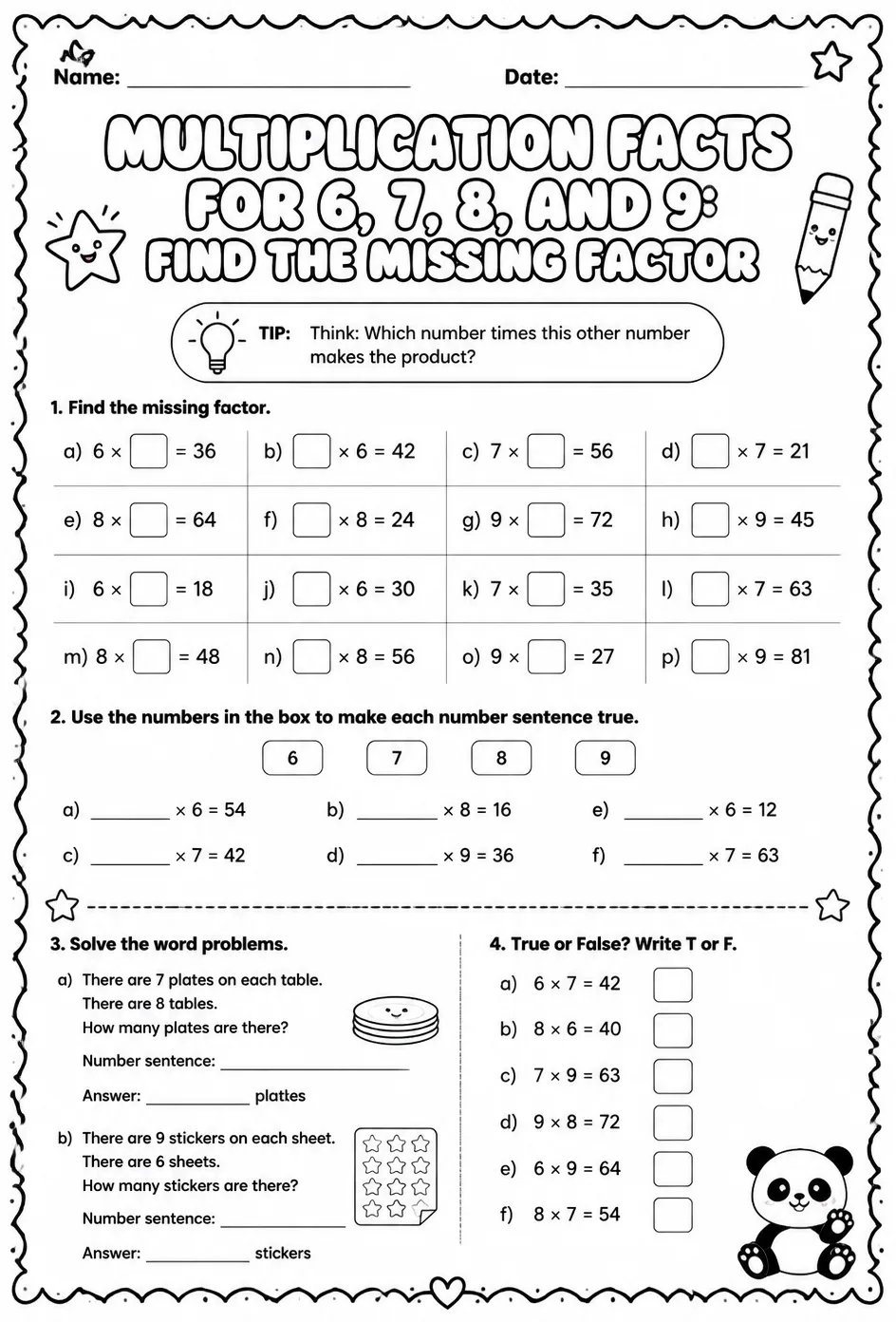 Multiplication facts for 6, 7, 8, and 9: find the missing factor