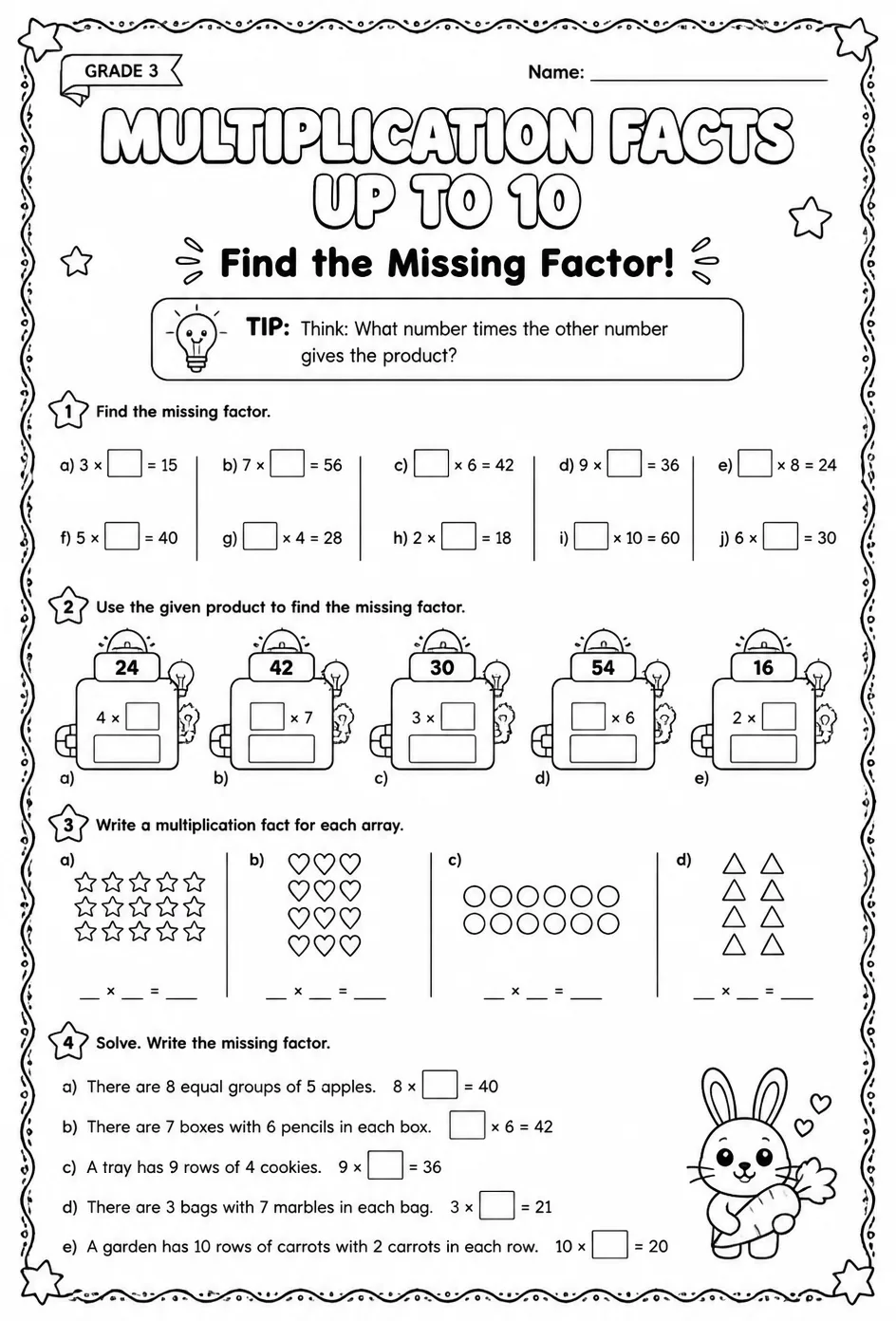 Multiplication facts up to 10: find the missing factor