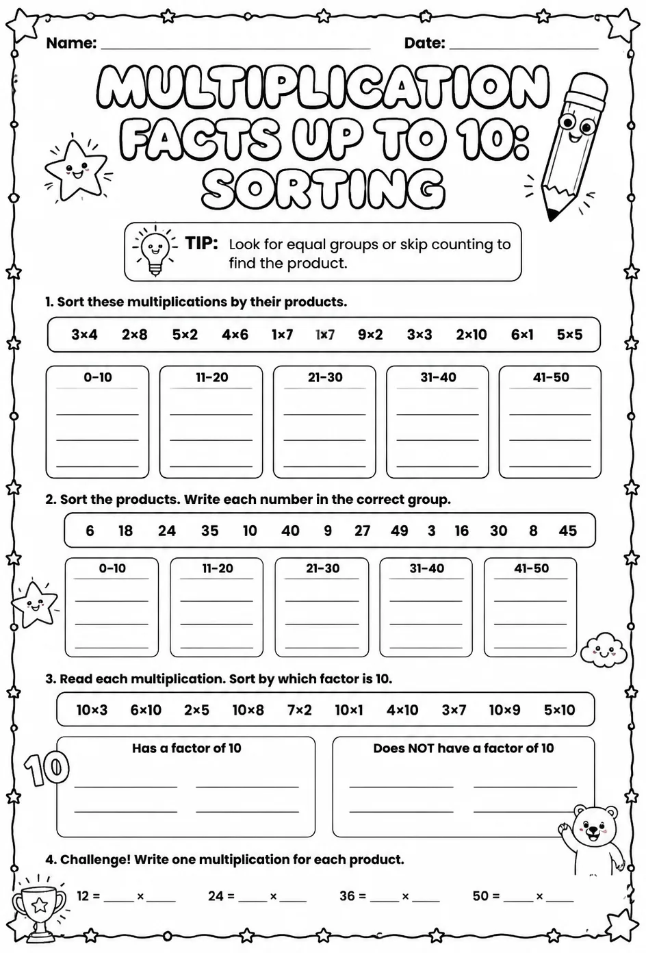 Multiplication facts up to 10: sorting