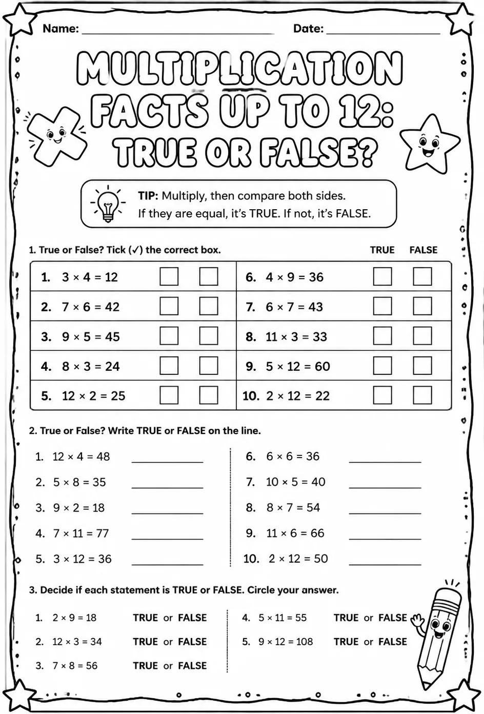 Multiplication facts up to 12: true or false?
