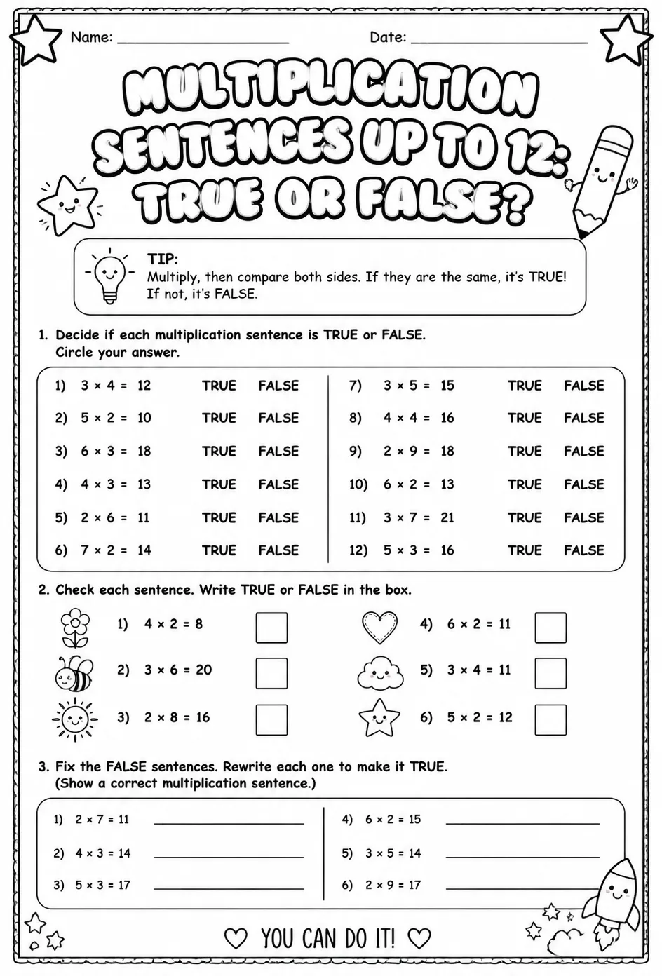 Multiplication sentences up to 12: true or false?