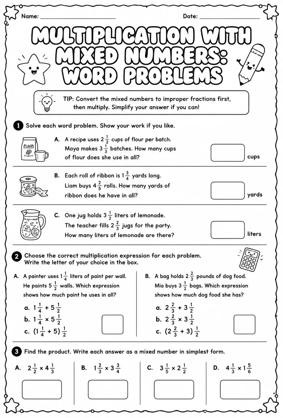 Multiplication with mixed numbers: word problems