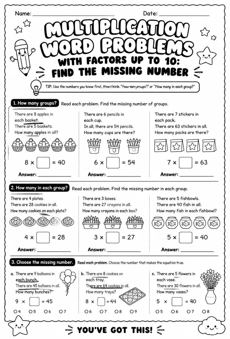 Multiplication word problems with factors up to 10: find the missing number