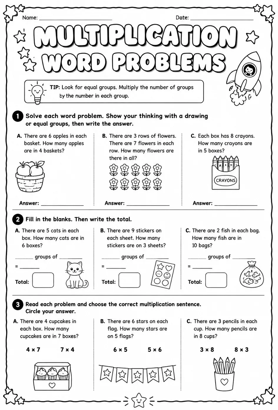 Multiplication word problems with factors up to 10