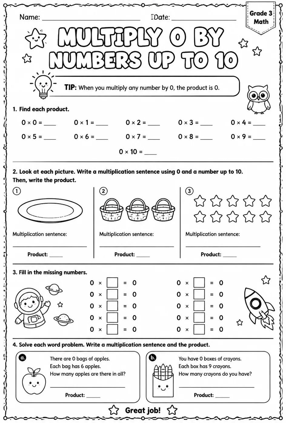 Multiply 0 by numbers up to 10