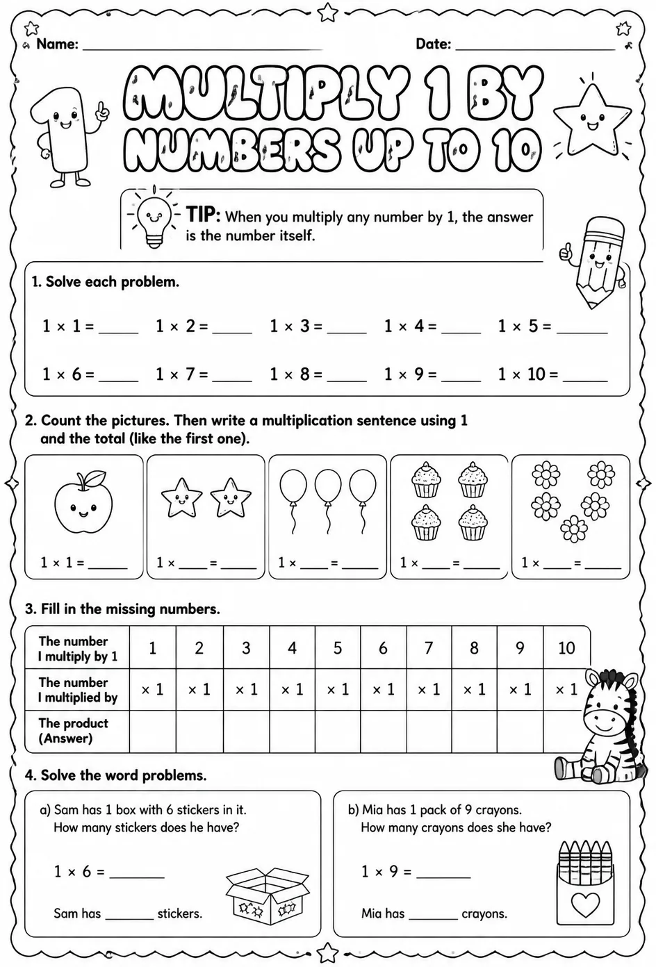 Multiply 1 by numbers up to 10