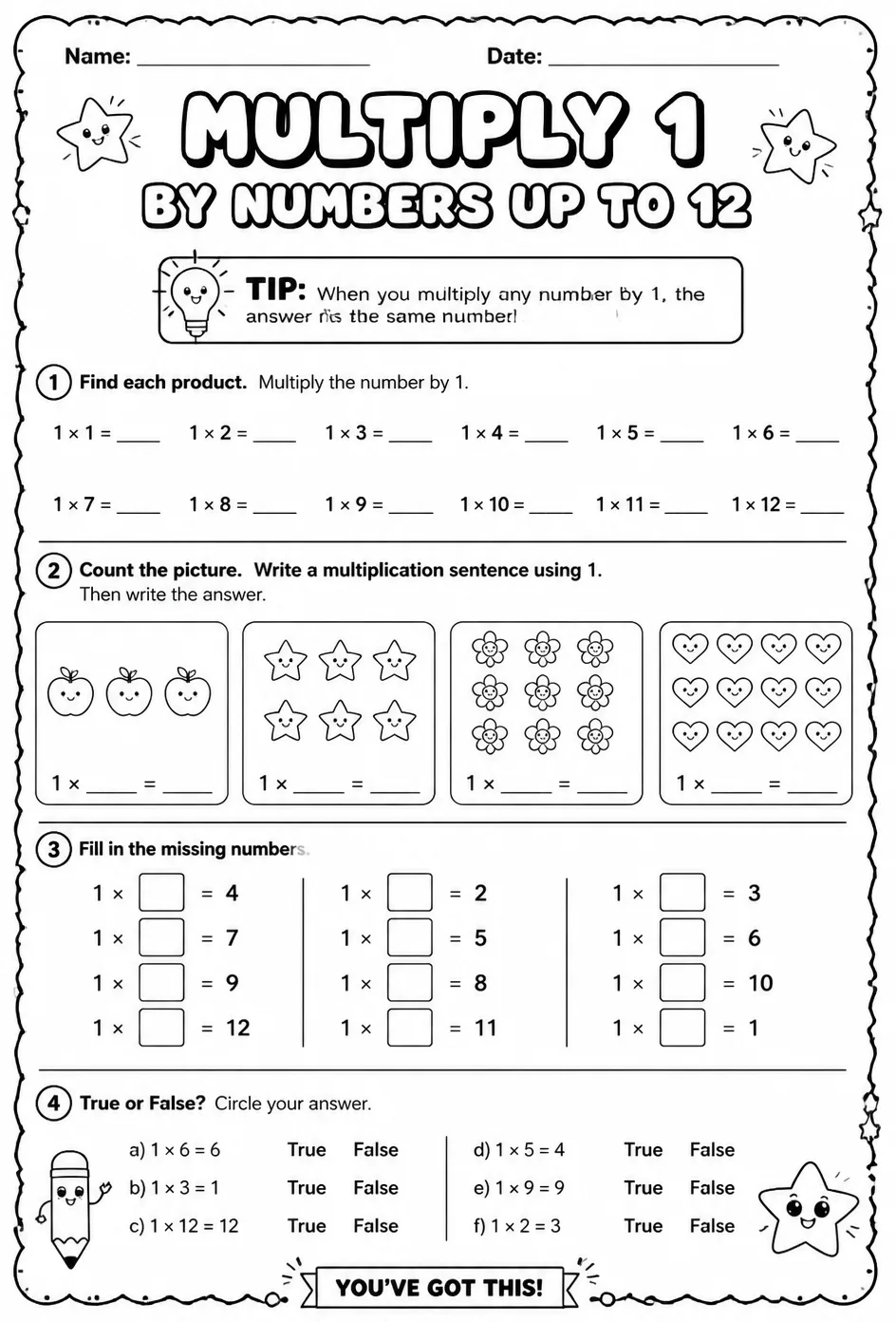 Multiply 1 by numbers up to 12