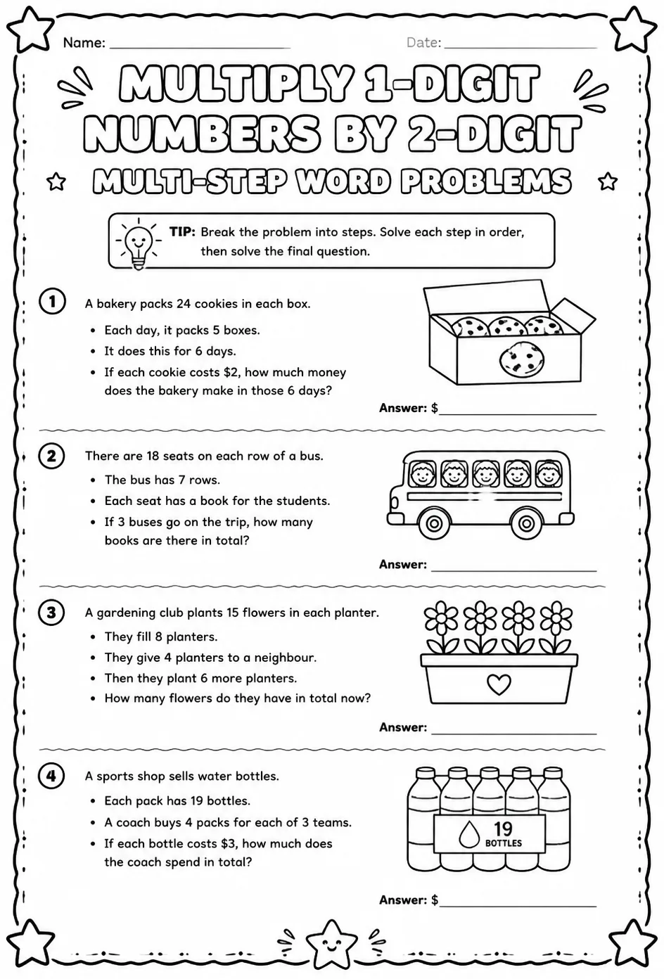 Multiply 1-digit numbers by 2-digit numbers: multi-step word problems