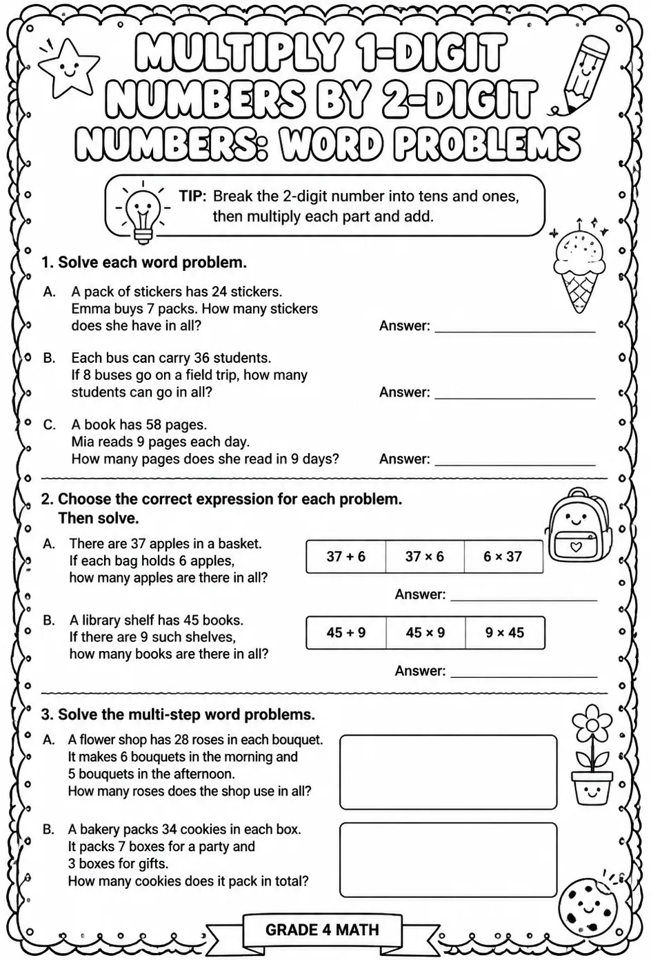 Multiply 1-digit numbers by 2-digit numbers: word problems