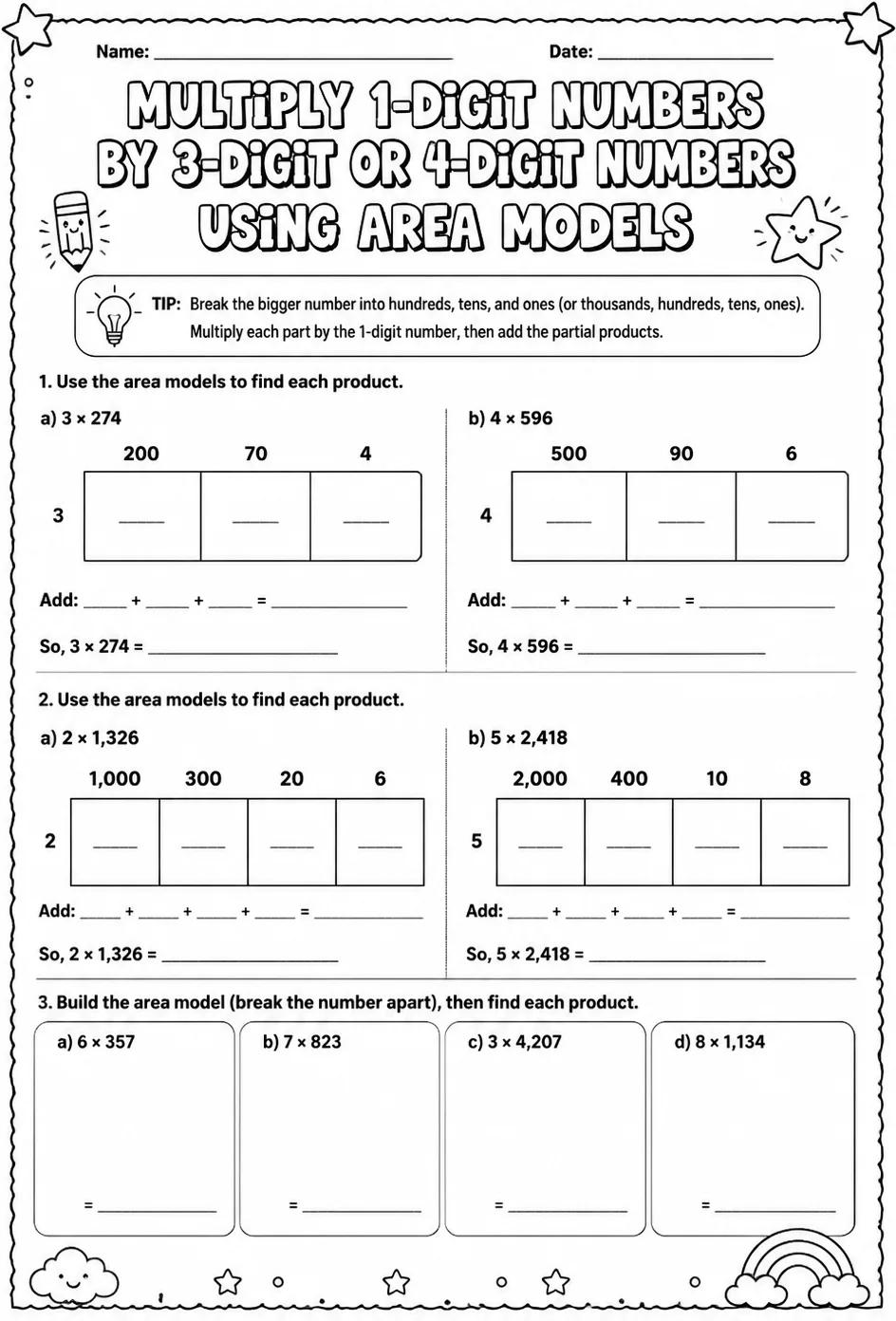 Multiply 1-digit numbers by 3-digit or 4-digit numbers using area models