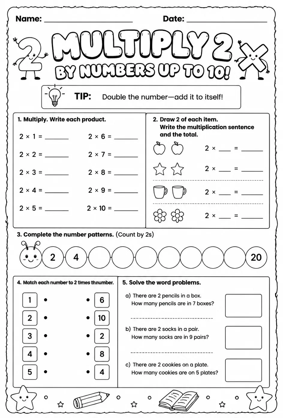 Multiply 2 by numbers up to 10