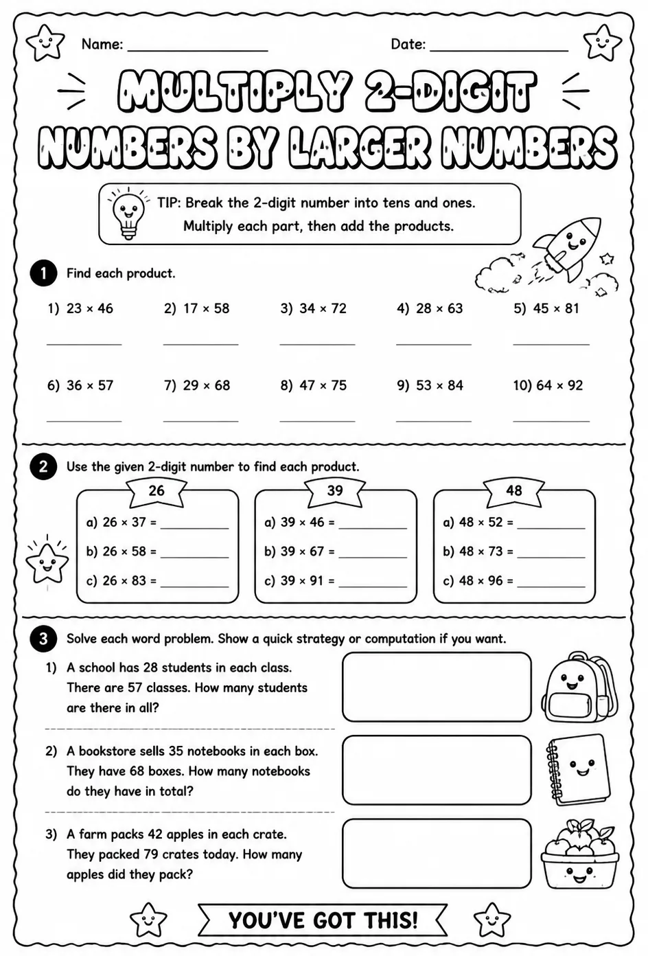 Multiply 2-digit numbers by larger numbers