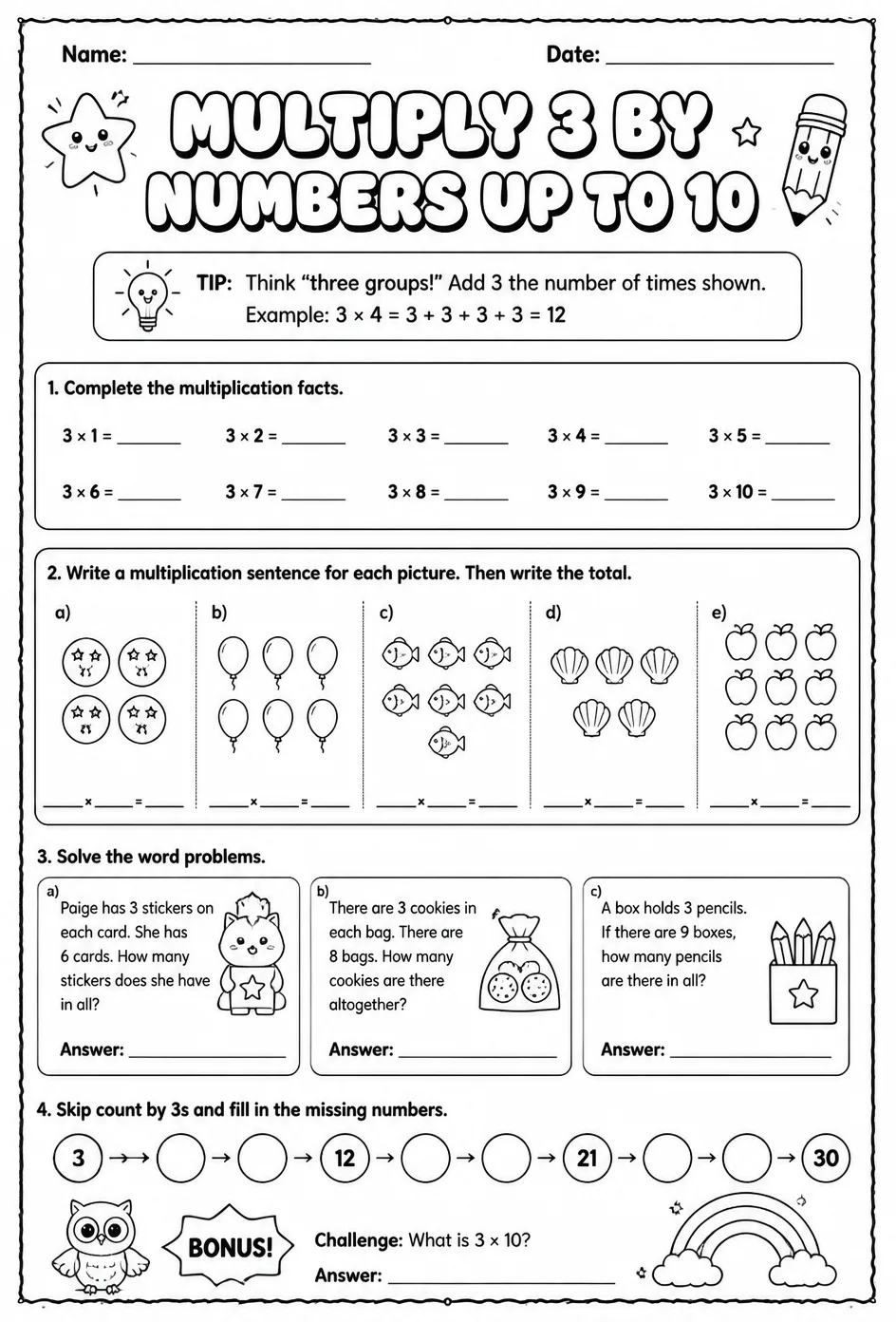 Multiply 3 by numbers up to 10