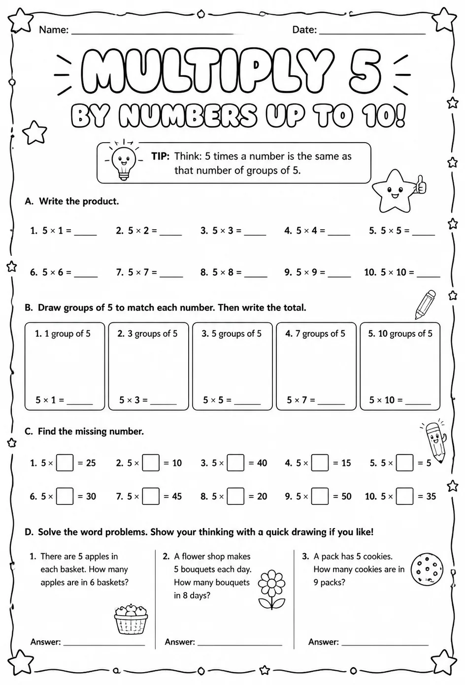 Multiply 5 by numbers up to 10