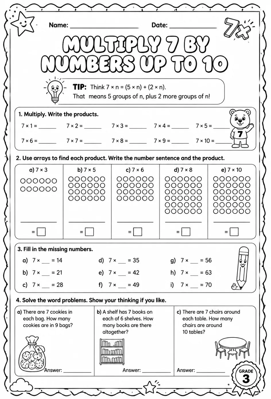 Multiply 7 by numbers up to 10