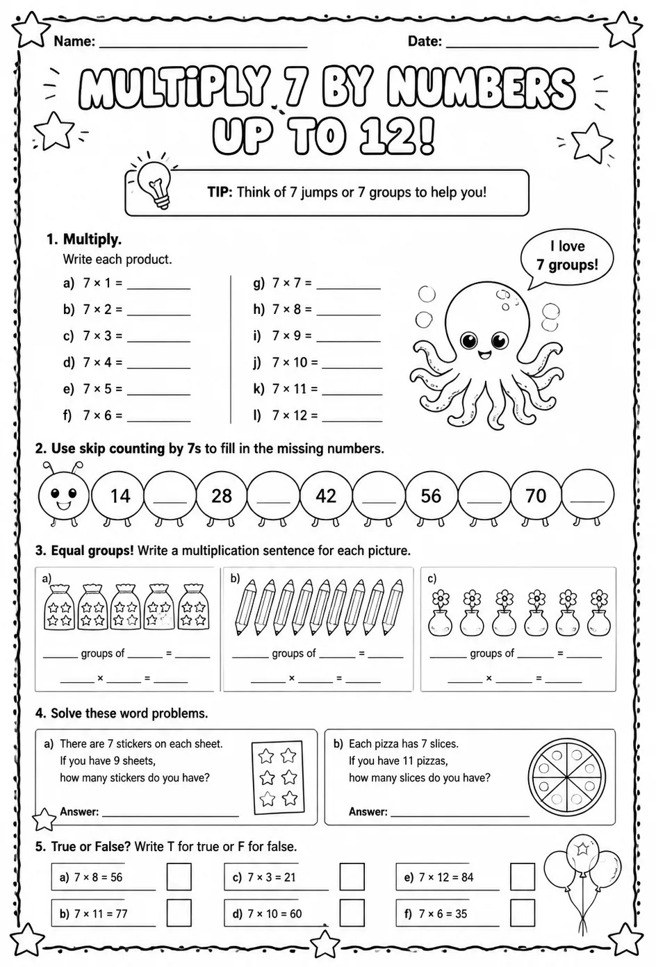 Multiply 7 by numbers up to 12