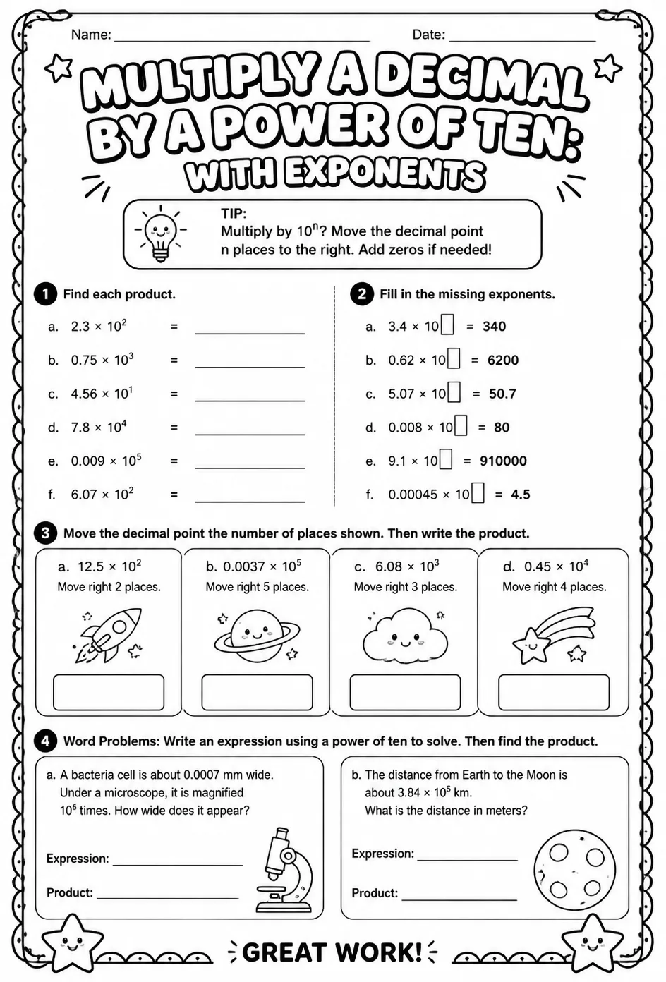 Multiply a decimal by a power of ten: with exponents