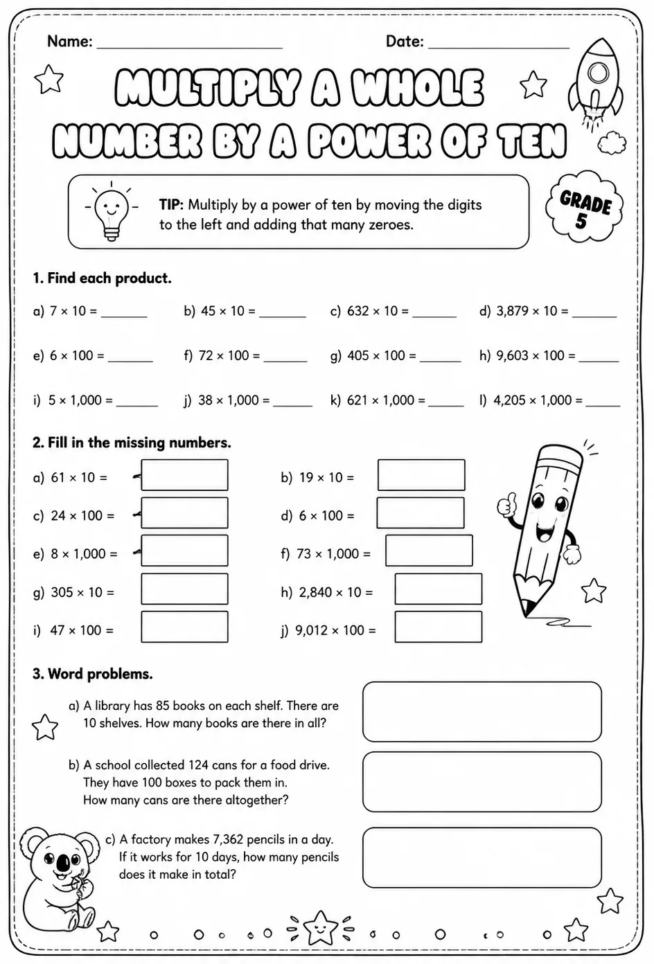 Multiply a whole number by a power of ten