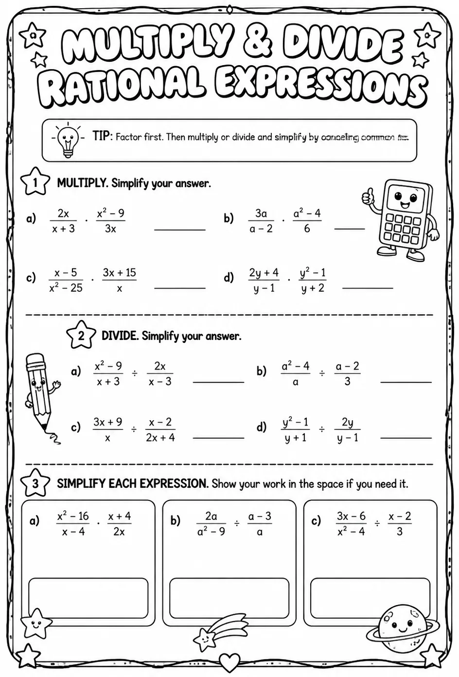 Multiply and divide rational expressions
