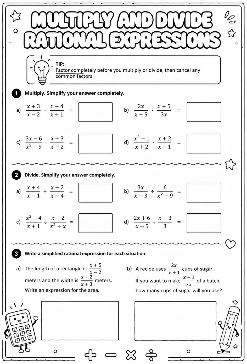 Multiply and divide rational expressions